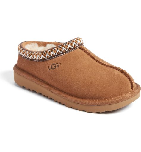 UGG® K-Tasman II Embroidered Slipper (Toddler, Little Kid & Big Kid) | Nordstrom Girl Uggs, Embroidered Slippers, Chestnut Uggs, Ugg Kids, Fall Winter Shoes, Ugg Tasman Slippers, Geometric Embroidery, Ugg Tasman, Youth Shoes