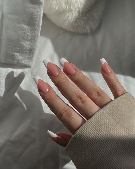 Plain Acrilyc Nails, Simple Gel X Nail Designs Coffin, Medium Coffin French Tip Nails, French Coffin Acrylic Nails, Tapered Square French Tip Nails, Bridesmaids Nails, Unghie Sfumate, Wow Nails, Simple Gel Nails