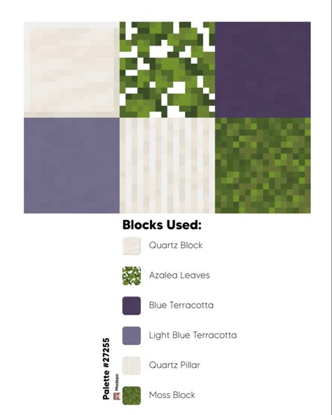 Minecraft block palette 27255 using quartz block, quartz pillar, azalea leaves, blue terracotta, light blue terracotta, and moss block. #minecraft #mcyt #aesthetic #tiktok #minecraftaesthetic #minecraftbuildingideas #minecraftbuild #color #colorpallete #palette #videogames #gamer Minecraft Japanese Block Palette, How To Make Terracotta Minecraft, Minecraft 1.20 Palette, Mud Block Houses Minecraft, Minecraft Pallets Ideas, Pink Terracotta Minecraft, Minecraft Block Palette Quartz, Minecraft Village Color Palette, Block Palets Minecraft