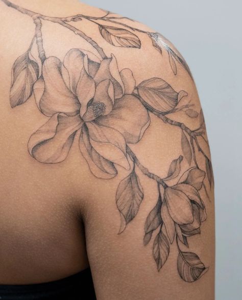 38 Lovely Magnolia Tattoo Ideas to Inspire You in 2023 Back And Shoulder Flower Tattoo, Lion And Magnolia Tattoo, Magnolia Half Sleeve Tattoo, Peony And Magnolia Tattoo, Magnolia Flower Tattoo Shoulder, Fineline Magnolia Tattoo, Chinese Magnolia Tattoo, Magnolia Tattoo Back, Magnolia Arm Tattoo