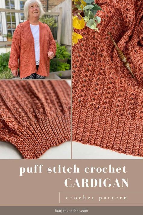 Crochet Cardigan Tutorial, Chunky Yarn Crochet, Puff Stitch Crochet, Crochet Cardigan Free, Crochet Jacket Pattern, Crochet Cardigan Pattern Free, Crochet Cardigans, Pattern Outfits, Crochet Sweater Pattern Free