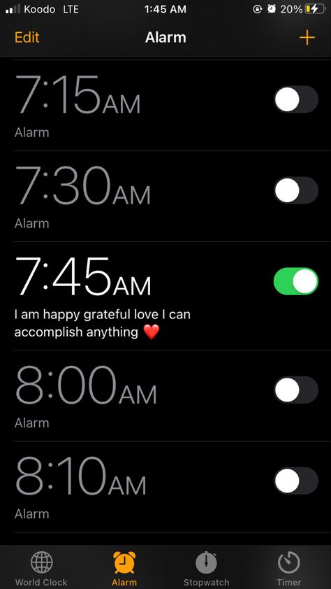 A screenshot of my morning alarm titled, I am happy grateful love I can accomplish anything ❤️ 7 Am Alarm, Fairy Night, Action Board, Light Alarm Clock, Winter Arc, World Clock, Finding God, Cute Messages, April 2024