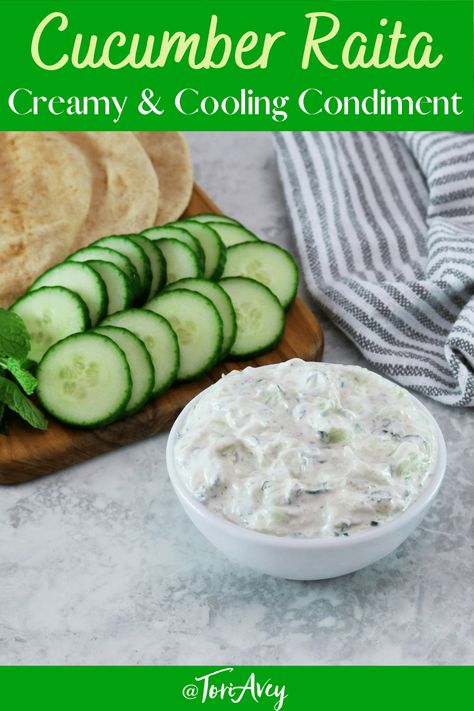 Cucumber Indian Recipes, Indian Food Recipes Cucumber, Indian Food Sides Dishes, Indian Raita Yogurt Sauce, Indian Food Appetizers Easy Recipes, Indian Yoghurt Sauce, Cucumber Recipes Indian, Indian Cucumber Raita, Indian Sauces Yogurt