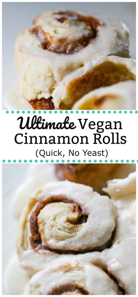 Ultimate Vegan Cinnamon Rolls (Quick, No Yeast) - These are the perfect solution to our quick cinnamon roll prayers for quick and easy ultimate, soft and fluffy Ultimate Vegan Cinnamon Rolls with no yeast, no dairy and no eggs! #vegan #vegancinnamonrolls #veganbreakfast #cinnamonrolls #quickveganbreakfast #noyeast Cinnamon Rolls Quick, No Yeast Cinnamon Rolls, Vegan Cinnamon Rolls, Vegan Baking Recipes, Easy Vegan Dessert, No Dairy, Cinnamon Rolls Homemade, Vegan Dessert Recipes, Vegan Treats