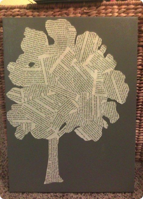 Brooke from Inside-Out Design was thrilled when she saw tree art made from book pages while walking through a West Elm store. She loved the look and knew she could easily replicate it with a canvas and a book she didn’t mind dedicating to the cause. Brooke suggests using pages from different books to incorporate a variety of text sizes, fonts, and paper shades Newspaper Art, Book Page Art, Indie Art, Canvas Projects, Mod Podge, Diy Canvas Art, Art Festival, Kids Art, Diy Canvas