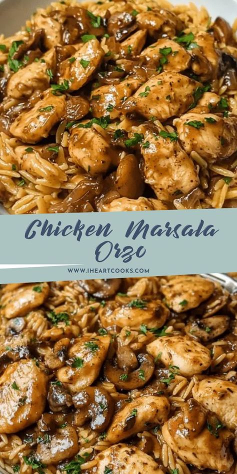 This twist on classic Chicken Marsala features tender chicken, mushrooms, and a rich Marsala wine sauce, all tossed with orzo for a comforting and elegant meal! Valentines Dinner Ideas, Marsala Sauce, Chicken Mushrooms, How To Cook Orzo, Valentines Dinner, Cozy Recipes, Date Night At Home, Marsala Wine, Steak And Seafood