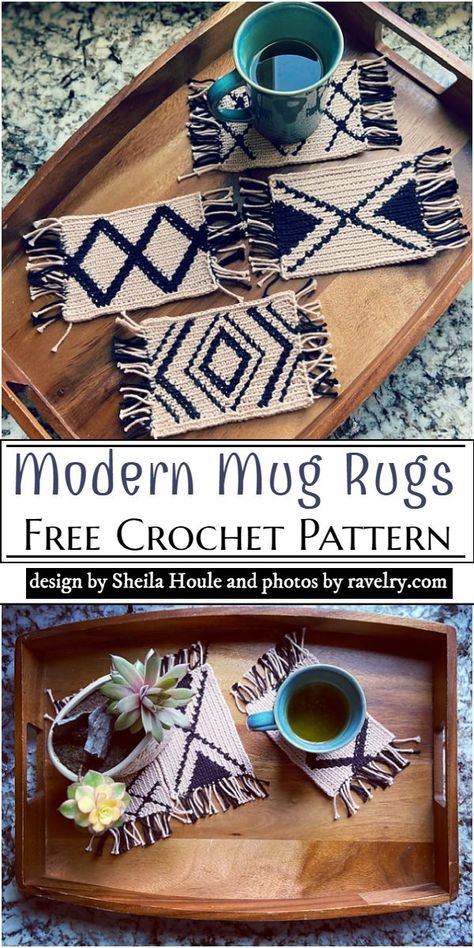 Increase the boom of a boring and drab tea tray with this Modern Mug Rugs Crochet Pattern. This pattern is really great with other crochet patterns in design and is enough to use when you want to decorate your tea trolly beautifully. Crochet Mug Rug, Modern Mug, Crochet Mug, Crochet Coasters Free Pattern, Mug Rug Patterns, Rug Patterns, Crochet Coaster Pattern, Pattern Knitting, Crochet Kitchen