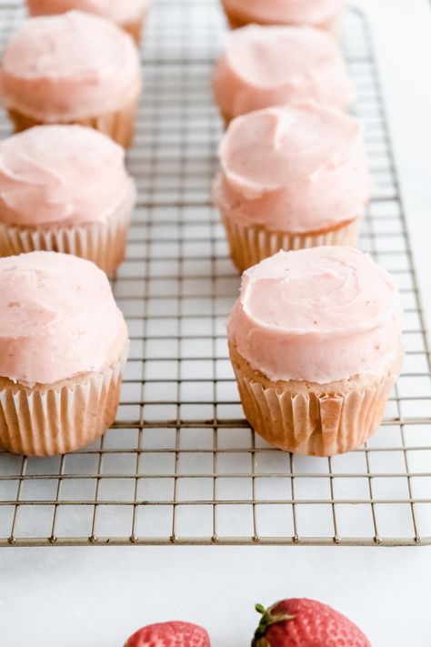 Strawberry Cupcakes — Petite Southern Kitchen Frozen Fruit Recipes, Strawberry Things, Southern Kitchen, Southern Kitchens, Strawberry Cupcakes, Strawberry Milk, Frozen Fruit, Party Foods, Made From Scratch