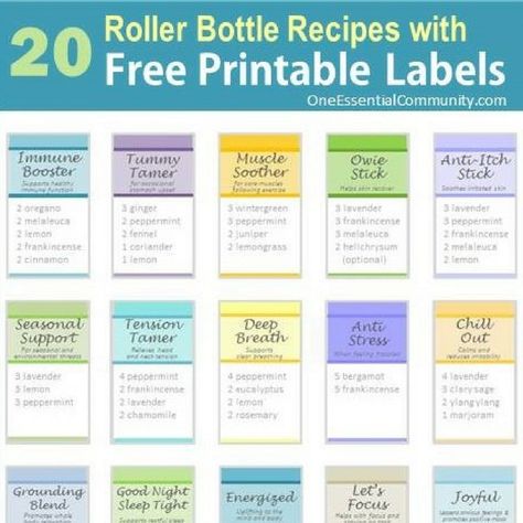 roller bottle recipes with FREE printable labels! Includes Immune Booster, Tummy Tamer, Muscle Soother, Owie Stick, Anti-Itch Stick, Seasonal Support, Tension Tamer, Deep Breath, Anti-Stress, Chill Out, Grounding Blend, Good Night Sleep Tight, Energized, Lets Focus, Joyful, Nourish, Clear Skin, Calm Skin, Motivation, and Gratitude Essential Oil Blends Roller, Essential Oil Roller Bottle Recipes, Roller Bottle Recipes, Roller Bottle Blends, Essential Oil Roller Balls, Doterra Essential Oils Recipes, Essential Oil Remedy, Young Living Essential Oils Recipes, Essential Oils Guide