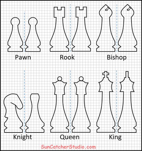 Chess pieces patterns (ALL) - Pawn, Rook, Bishop, Knight, Queen, and King. Diy Chess Set, King Chess Piece, Queen Chess Piece, Chess Set Unique, Wooden Chess Pieces, Chess Queen, Scroll Saw Patterns Free, Wood Chess, Wood Carving Patterns