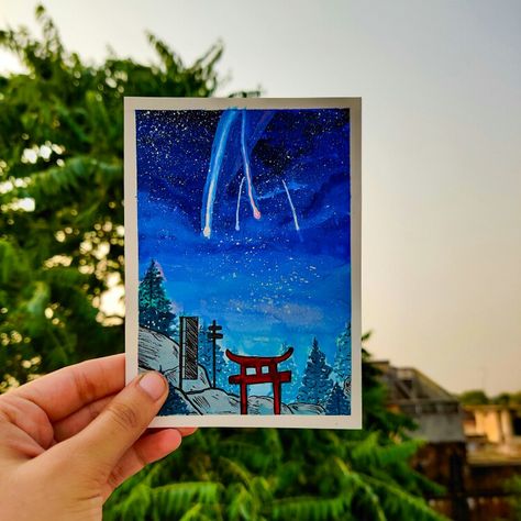 Kimi No Nawa, Your Name Movie, Anime Canvas Painting, Name Drawings, Name Paintings, Your Name Anime, Watercolor Art Landscape, Anime Galaxy, Ghibli Artwork