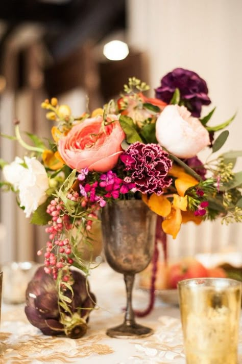 Goblet Centerpieces Weddings, Goblet Flower Arrangement, Vase Photography, 2015 Wedding Trends, 1940s Wedding, Event Florals, Silver Centerpiece, Small Centerpieces, Centerpiece Table