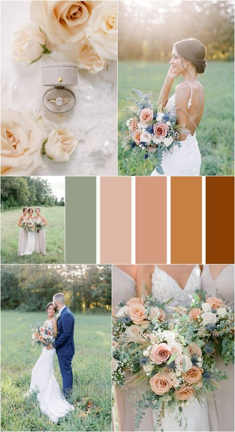 Autumn weddings are stunning when they feature earth toned loose, organic florals, navy groomsmen suites, champagne bridesmaid's dresses, and terracotta and peach in every detail! Sage green and peach Fall wedding color palette, elegant Autumn Wedding Colors for an outdoor wedding, Barn Wedding Colors, Elegant, fine art outdoor Fall wedding, matching bridesmaid's dresses, neutral and peach colors for Fall #fallweddingcolors #earthtonedwedding Bridesmaids Color Palette Summer, Spring Wedding Colors Groomsmen, Spring Wedding Bridesmaids Dresses Color Palettes, Peach Fall Wedding, Barn Wedding Colors, April Wedding Colors, June Wedding Colors, August Wedding Colors, September Wedding Colors