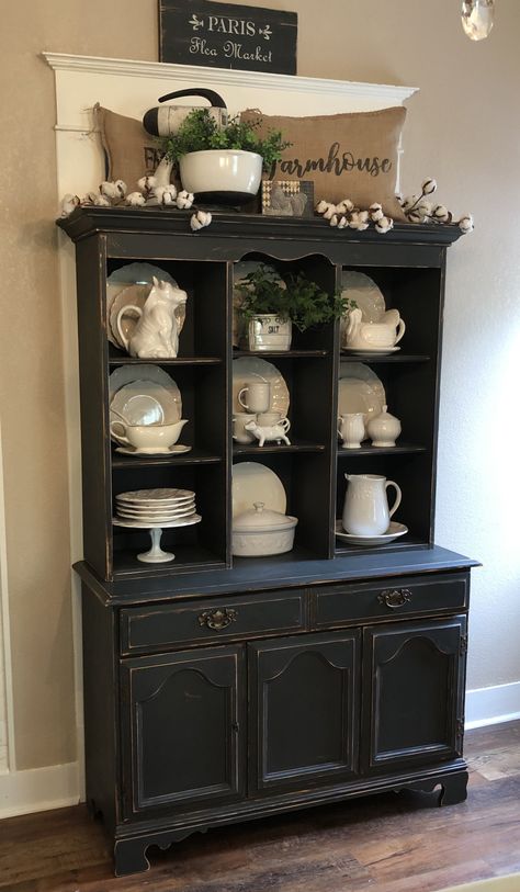 Black Hutch Farmhouse, Black Hutch Makeover, Modern Farmhouse Hutch With Black, Distressed China Cabinet, Black Farmhouse Hutch, China Cabinet Ideas, Chalk Painted Hutch, Chalk Paint Hutch, Modern Frmhouse China Cabinet