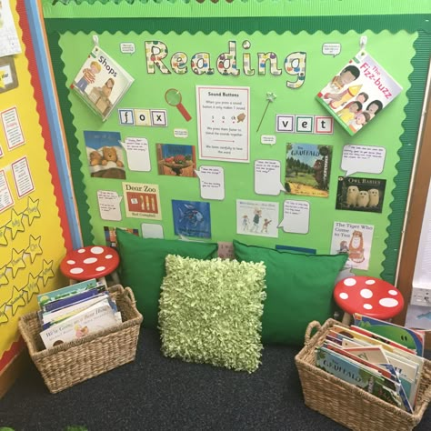 Reading display Reception Reading Corner, Ks1 Reading Area, Reception Book Corner, Year 1 Reading Area, Ks1 Reading Corner, Reading Display Eyfs, Reading Garden Classroom, Reading Area Eyfs, Reading Corner Display