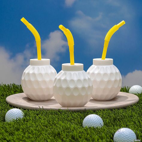 Golf Ball Molded BPA-Free Plastic Cups with Lids & Straws - 12 Ct. - Less Than Perfect | Oriental Trading Masters Party, Plastic Cups With Lids, Golf Party Favors, Funny Baby Shower Gifts, Golf Birthday Party, Golf Decor, Golf Event, Golf Party, Golf Theme