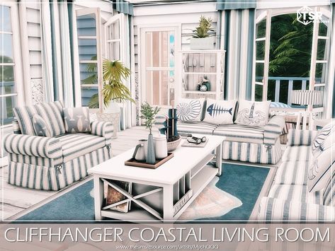 The Sims Resource - Cliffhanger Coastal Living Room Sims 4 Coastal Cc, Bloxburg Color Palette, Sims 4 Beach House, Sims Cc Download, Beachy Furniture, Sims 4 Living Room, Coastal Sofa, Living Room Sims 4, Sims 4 Cc Furniture Living Rooms