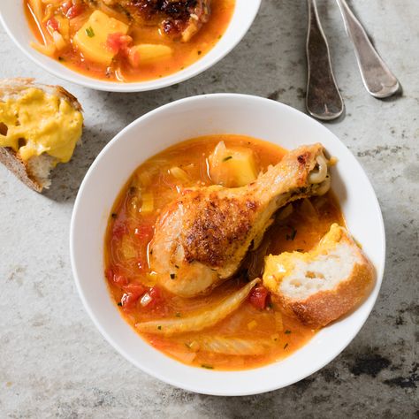 Could we take the garlicky fennel and saffron flavors of France’s most famous fish stew and adapt them to a chicken dinner? Chicken Bouillabaisse, Bouillabaisse Recipe, Mustard Recipe, America's Test Kitchen Recipes, Fish Stew, Kitchen Recipe, Cooks Illustrated, America's Test Kitchen, Chicken Spices