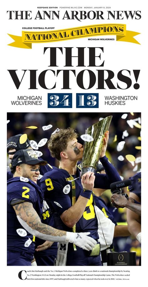 Celebrate Michigan football’s national title by getting this special front page - mlive.com University Of Michigan Logo, Michigan Go Blue, University Of Michigan Wolverines, Michigan Wolverines Football, Michigan Sports, Wolverines Football, College Football Playoff, Michigan Football, Dream College