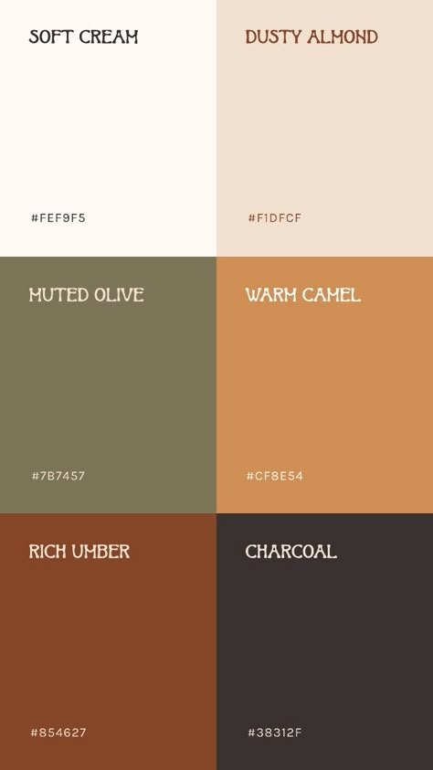 Explore a soothing and grounded color palette with earthy tones like beige, muted olive, and warm camel. Designed to enhance wellness and spiritual brands, this palette exudes calm and authenticity. Designed by Creative Vibes | earthy branding | color palette inspiration | natural branding | healing branding | authentic color schemes Spa Color Palette, Healing Branding, Earth Nails, Olive Board, Desert Palette, Coffee Walk, Earthy Branding, Earth Colour Palette, Spiritual Branding