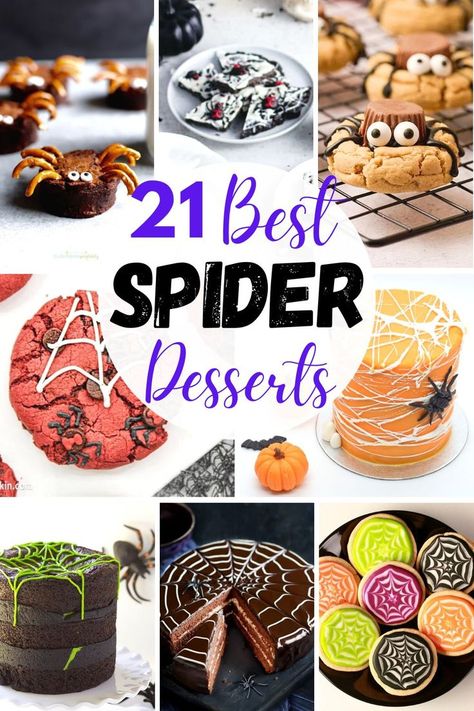 A collage of the best spider dessert recipe ideas. Donut Spiders Halloween Foods, Spider Desserts Halloween, Spider Treats For Halloween, Spider Themed Food, Graveyard Dirt Cake, Spider Desserts, Spider Cakes, Treat Ideas For Halloween, Halloween Baking Recipes