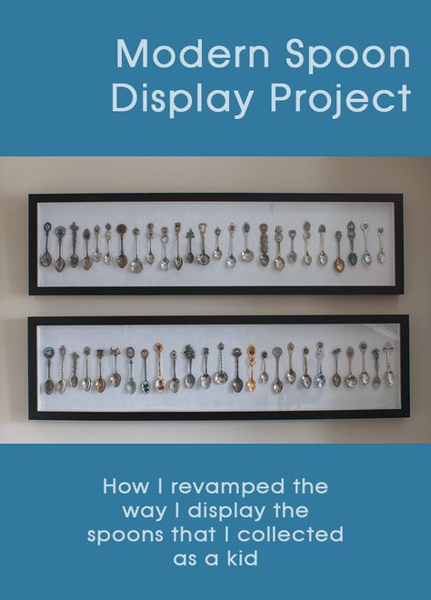 DIY method of displaying spoons in a shadowbox (works for other small collections too!) Teaspoon Collection Display, Collectible Spoon Display Ideas, Decorative Spoon Display, Antique Spoon Display, Vintage Spoon Display, Spoon Rack Ideas, Collector Spoon Display Ideas, Souvenir Spoon Display Ideas, Spoon Display Ideas