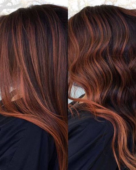 Brittany Banda🐼| SA Hair on Instagram: "You shine up like a new penny 😉✨Balayaged and toned to a red copper blend. @wellahairusa Colortouch 6/47, 6/77 and a little 7/43 for the heck of it. ❤️❤️" Brown Red And Copper Hair, Red Tones Balayage, Copper Brown Blonde Highlights, Red With Highlights Hair, Copper Hair Skin Tone, Caramel Chocolate Balayage, Copper On Brunette Hair, Brunette To Ginger Balayage, Short Brown Hair With Copper And Blonde Highlights