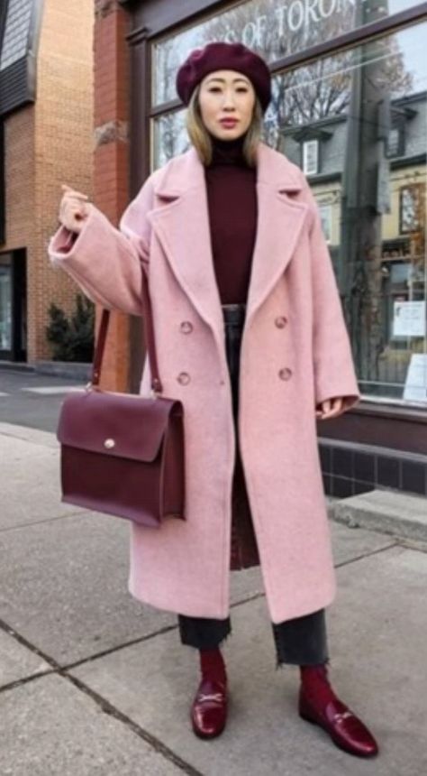 Pink Peacoat Outfit, Pink Hijab Outfit Casual, Burgundy Pink Outfit, Maroon Winter Outfits, Cream And Burgundy Outfit, Light Pink Coat Outfits, Pink Wool Coat Outfit, Burgundy And Pink Outfit, Pink And Burgundy Outfit