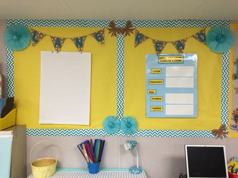 Reading and language focus board. Shabby Chic, burlap. Mrs. Kondo's Class Afrikaans Plakkate, Yellow Bulletin Board, Yellow Classroom, Sunshine Classroom, Shabby Chic Classroom, Classroom Decor Middle, Focus Boards, Middle School Classroom Decor, Classroom Decor High School