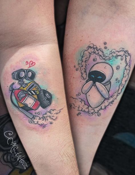 Walle And Eve Tattoos Couple, Walle And Eva Tattoo, Eve And Wall E Tattoo, Walle Eve Tattoo, Walle And Eve Tattoos, Wall E And Eve Tattoo, Wall E Tattoo, Eve Tattoo, Walle Y Eva