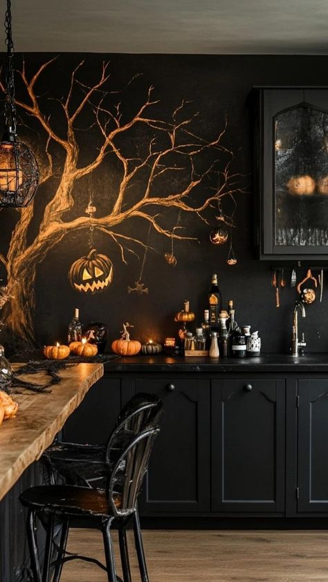 Conjure up a bewitching atmosphere in your kitchen with enchanting Halloween decor. Arrange a collection of apothecary jars filled with colorful spices and labeled with spooky names. Hang a garland of mini jack-o-lanterns across the window. Display a tiered tray filled with Halloween-themed treats and decorations. Add witch hat-shaped salt and pepper shakers to the dining table. Place a cauldron-style slow cooker on the counter for brewing spooky soups. Swap out regular plates for ones with Hall Spooky Names, Apothecary Kitchen, Halloween Window Display, Spooky Kitchen, Spooky Aesthetic, Themed Treats, Halloween Window, Halloween Kitchen, Hat Decoration