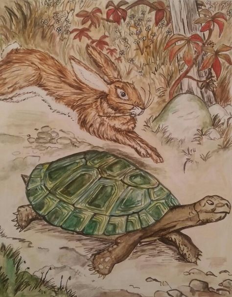 My watercolour painting of The Hare and the Tortoise - an Aesop's fable Tortoise And The Hare Tattoo, Madilyn Mei, Hare Tattoo, The Hare And The Tortoise, Hare And The Tortoise, Aesop Fables, Tortoise Tattoo, The Tortoise And The Hare, Tortoise And The Hare