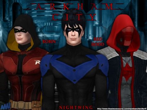 Become your favorite Robin with costumes inspired by the video games Batman: Arkham City and Batman: Arkham Knight.  Found in TSR Category 'Sims 4 Male Clothing sets' Sims 4 Nightwing, Sims 4 Teen Titans Cc, Nightwing Sims 4 Cc, Sims 4 Cc Batman, Sims 4 Superhero Cc, Sims Costume, Nightwing Costumes, Sims Download, Teen Titans Robin