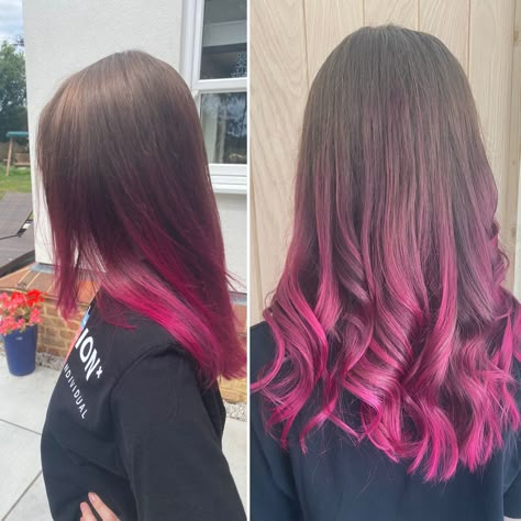 Colored Highlights In Brown Hair, Abby Aesthetic, Hidden Hair Color, Pink Ombre Hair, Hot Pink Hair, Korean Hair Color, Hair Tips Video, Burgundy Hair, Hair Stylies