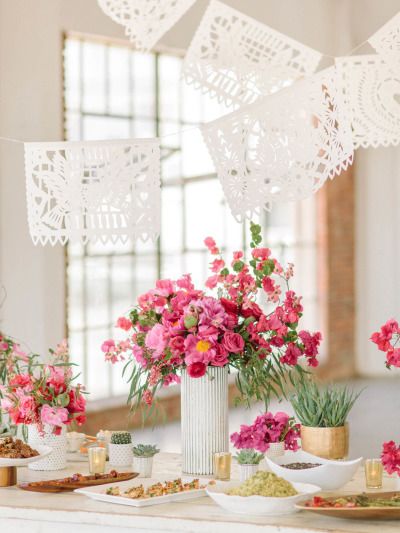 Fiesta inspired: http://www.stylemepretty.com/living/2015/05/05/a-modern-mexican-soiree/ | Photography: Steve Steinhardt - http://stevesteinhardt.com/ Spring Baby Shower Themes, Mexican Bridal Showers, Wedding Flags, Tissue Paper Garlands, Fiesta Bridal Shower, Fiesta Wedding, Wedding Bunting, Modern Bridal Shower, Modern Mexican