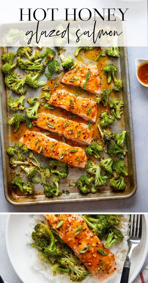 Oven Roasted Salmon Sheet Pan, Salmon Glaze Recipes Easy, Salmon Sheet Pan Dinner Healthy, Salmon Zucchini Recipes, Recipes With Hot Honey, April Meals, Hot Honey Salmon, Broccoli Salmon, Easy Salmon Dinner