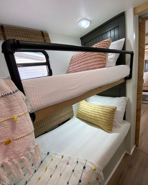 Laredo bunk room transformation I love the camper models with 3 and 4 bunk beds in the back. It reminds me of camping when I was a kid… | Instagram Bunk Railing Ideas, Western Bunkhouse, Rv Bunk Beds Ideas, Bunk Bed Rail, Camper Bunk Beds, Rv Bunk Beds, 5 Siblings, Bunk Room Ideas, 4 Bunk Beds