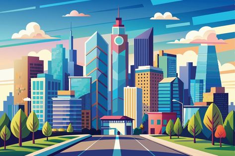 Earth Day Drawing, Building Drawing, Tall Buildings, Colorful Illustration, Cityscape Photos, Logo Banners, Modern City, Illustration Inspiration, Nature Backgrounds