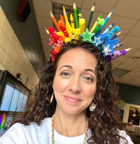 Teacher Crazy Hair Day At School, Crayon Headband, Fun Headband Hair Accessories For Costume Party, Crazy Hair For Teachers, Funky Hair Day School, Crazy Hair Day Art Lesson, Crazy Hair Day Pipe Cleaners, School Spirit Week, Crazy Hair Day At School