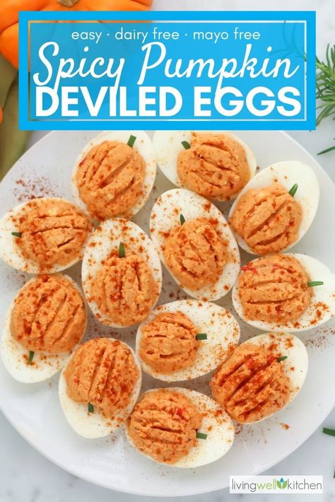 These Spicy Pumpkin Deviled Eggs are a fun appetizer or snack for the fall season. Made with pumpkin puree, there is no need to use mayo, and you get an extra kick of spice from the harissa paste. This recipe is great for using up that random can of pumpkin in your pantry, Halloween, Thanksgiving, tailgating or any fall party with pumpkins. Autumn Appetizers, Gameday Recipes, Pumpkin Deviled Eggs, Recipes Eggs, Gluten Free Puff Pastry, Recipes Pumpkin, Halloween Foods, Pumpkin Recipes Easy, Harissa Paste