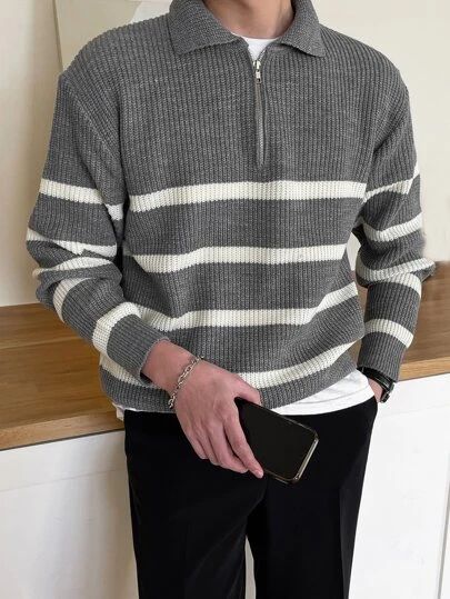 Polo Neck Sweater, Korean Fashion Trends, Polo Neck, Knitwear Men, Mens Jumpers, Striped Sweater, Grey Stripes, Stripe Sweater, Fashion Online Shop