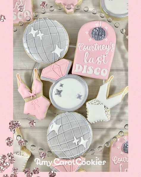 Last Disco Cookies Decorated, Bachelorette Macarons, Disco Cookies Bachelorette, Last Disco Bachelorette Cookies, Disco Bachelorette Cookies, Last Disco Cookies, Disco Ball Sugar Cookies, Bach Cookies, Disco Cookies