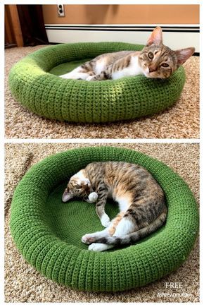 Cat Bed Knitting Pattern, Cat Beds Crochet, Crochet Bed For Cat, Crochet Pattern Cat Bed, Cat Crochet Bed, Crochet Dog Beds Free Patterns, Crocheted Cat Bed, Crochet Cat Couch Free Pattern, Cat Bed Crochet Pattern Free