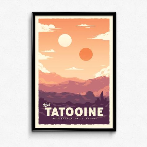 Tatooine Star Wars Retro Travel Poster Print Decor Gift | Etsy Star Wars Travel Posters, Modern Star Wars, Star Wars Poster Art, Star Wars Bathroom, Photo Graphic Design, Brand Lookbook, Sky Poster, Star Wars Planets, Planet Poster