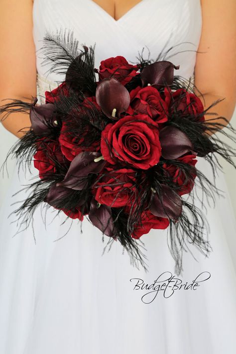 This stunning brides bouquet is hand held bouquet with a mixture of dark red roses and wine calla lilies accented with black feathers. This bouquet is approx 12 inches wide Wine Wedding Flowers, Black Wedding Flowers, Pretty Wedding Bouquet, Gothic Wedding Theme, Black Red Wedding, Blush Bouquet Wedding, Rock Cake, Spring Wedding Bouquets, Red Wedding Theme