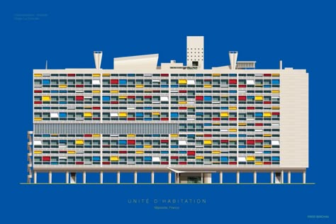 Unité-d-habitation-Marseille-Le-Corbusier-Fred-Birchal Bauhaus Architecture Buildings, Le Corbusier Designs, Architectural Wall Art, Le Corbusier Architecture, Bauhaus Architecture, Famous Architecture, Bauhaus Art, Architecture History, Architecture Poster