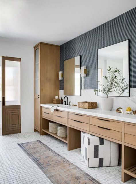 A childhood home in Newport Beach gets a stunning transformation Hotel Style Bathroom Vanity, Modern Transitional Bathroom Master Bath, Slatted Vanity, Cedar Interior, Bathroom Renos, House Bathroom, Bath Remodel, Bathroom Renovation, Bathroom Inspiration