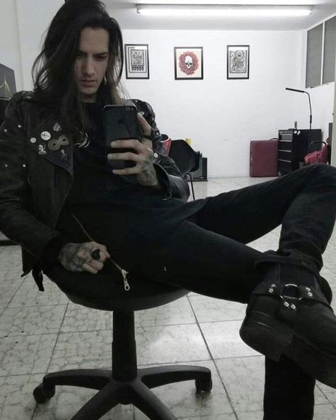 Long Haired Metalhead Guys, Goth Guys Aesthetic, Mens Fashion Long Hair, Goth Metalhead Guy, Emo Guys With Long Hair, Metalhead Aesthetic Outfit Men, Metal Head Fashion Men, Metalhead Clothes Man, Metalhead Style Men