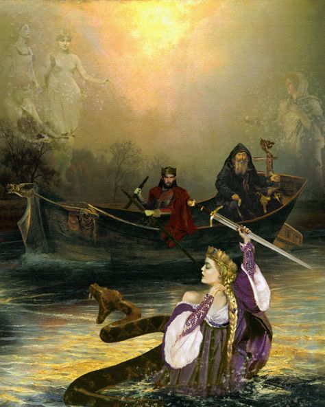 King Arthur & the Knights of the Round Table; Paintings of the Arthurian legends by Howard David Johnson "The Lady of the Lake" King Arthur's Knights, The Lady Of The Lake, King Arthur Legend, Mists Of Avalon, Roi Arthur, Pre Raphaelite Art, Lady Of The Lake, Arthurian Legend, Story Books Illustrations