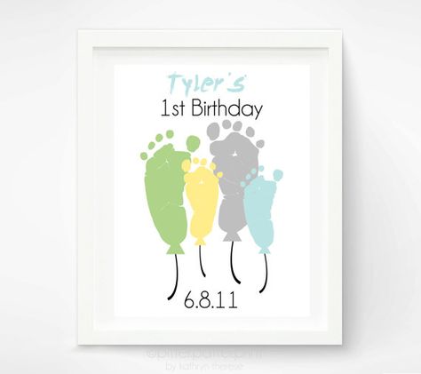 Baby's First Birthday Footprint Art Print - Personalized Baby Footprint Balloons - Babys First Year - Baby's 1st Birthday Party Gift Birthday Footprint Art, Baby Footprint Art, First Birthday Balloons, Baby's First Christmas Gifts, Baby Art Projects, Footprint Crafts, Baby Footprint, Baby's First Birthday, Diy Bebe